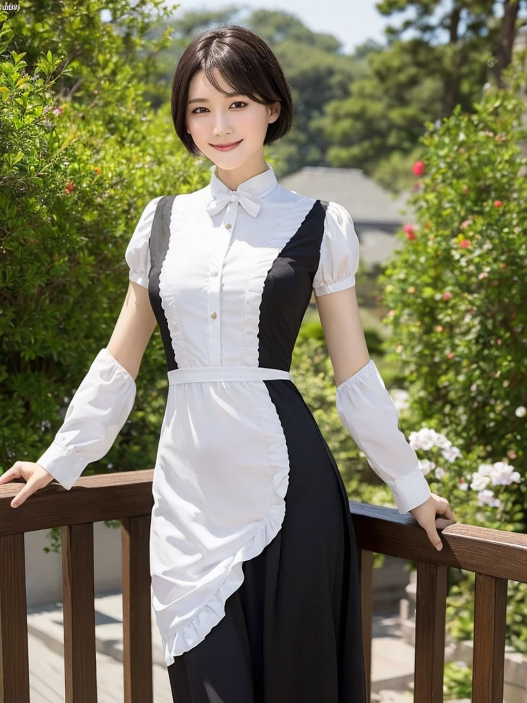 Highest quality、masterpiece、8k、Very detailed、Realistic、Looking at me with a smile、whole body、Black Hair、Short Hair、Small face、Slender、Big Breasts、Thin and beautiful legs、narrow and constricted waist,、Victorian maid clothes
