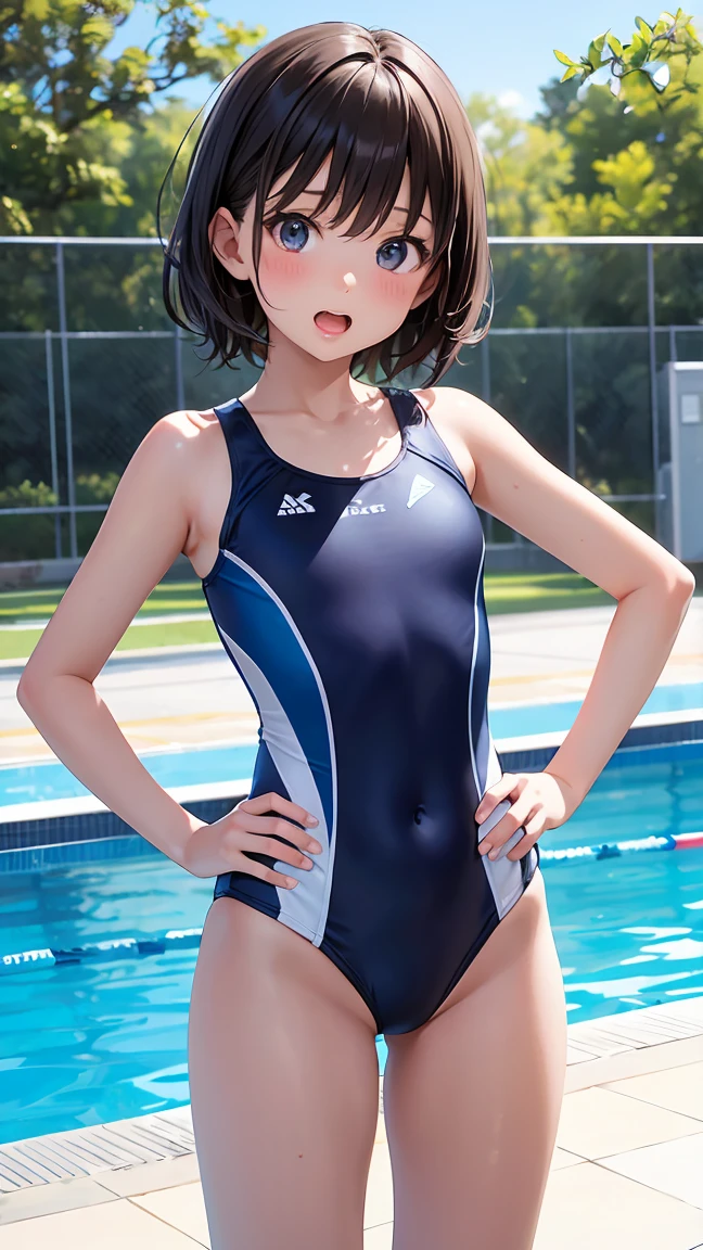 A lively 、Wearing a competitive swimsuit、Mouth open with a surprised expression、Standing with hands on hips、Realistically painted under bright poolside lighting、High resolution images。
