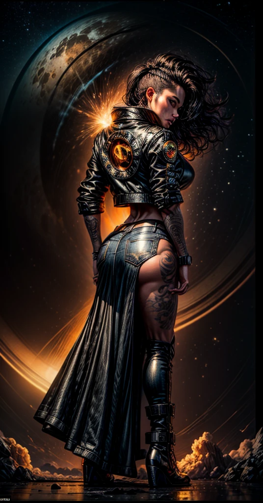 Tall Tough tattooed 40yo latina biker chick, Adult Model Daisy Marie with two strong legs dancing swirling twirling almost collapsing on Saturn's moon Calisto, looking like a creation that could actually survive there, wearing black leather graphics jacket and long leather-like denim dress that touches the ground split in the middle for riding, magic, art, wind, wind blown, spark, lightshow, fireflies, watching the rise of the distant Sun, with Saturn fully visible in the foreground, 36k resolution Kodak professional photography, hyperdetailed, Waiting to start