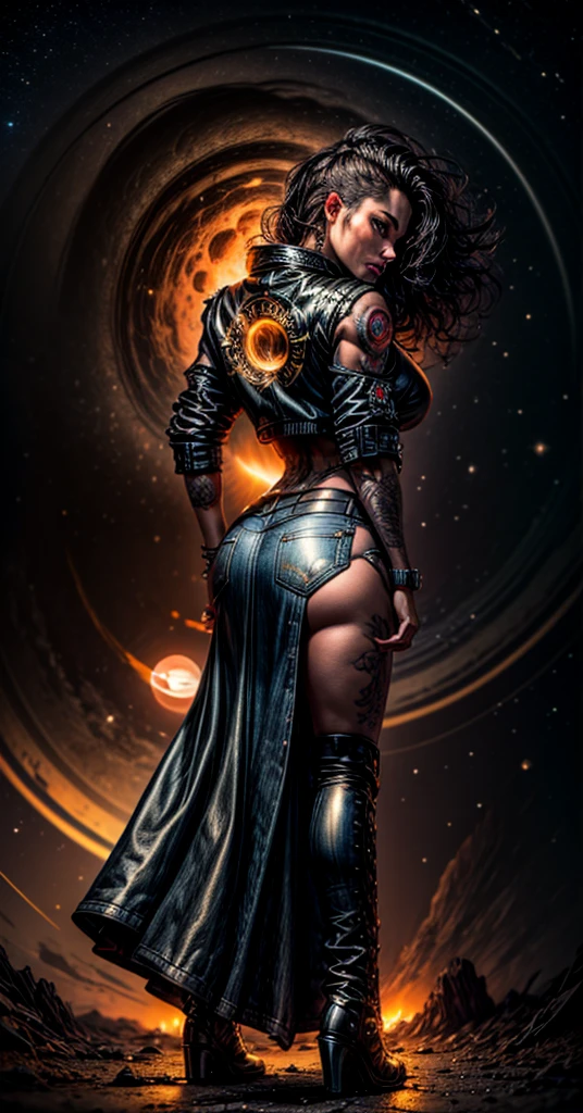 Tall Tough tattooed 40yo latina biker chick, Adult Model Daisy Marie with two strong legs dancing swirling twirling almost collapsing on Saturn's moon Calisto, looking like a creation that could actually survive there, wearing black leather graphics jacket and long leather-like denim dress that touches the ground split in the middle for riding, magic, art, wind, wind blown, spark, lightshow, fireflies, watching the rise of the distant Sun, with Saturn fully visible in the foreground, 36k resolution Kodak professional photography, hyperdetailed, Waiting to start