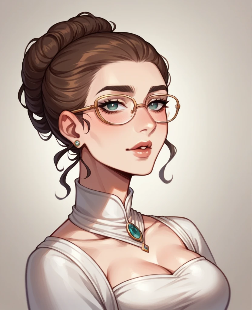 elegant and beautiful porcelain face that perfectly accompanied her creamy brown hair that gently fell behind her back. Most eye-catching were her exquisite cheeks and rosy moist lips that could tempt any man who saw them. A pair of pure glassy eyes hid underneath thin-framed glasses that put further emphasis on her eyes, enhancing her beauty. Her swan-like slender neck, under which her delicate sexy clavicle and full front that was lightly exposed, only further added to her charm as her delicate waist and creamy white legs added the finishing touches to her peerless appearance