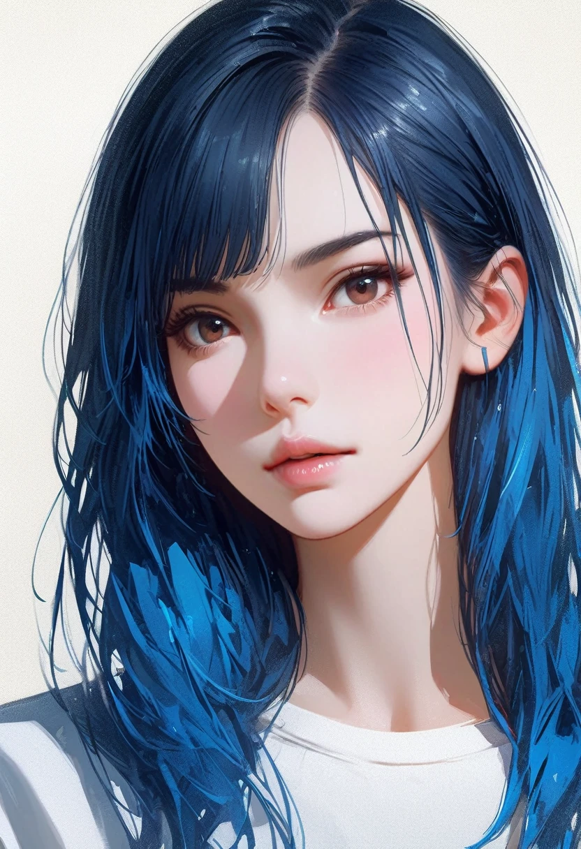 "best quality, ultra-detailed, realistic:1.37, highres, HDR, studio lighting, physically-based rendering, extreme detail description, professional, vivid colors, bokeh, portraits, photography, monochrome, soft lighting"blue hair, simple background