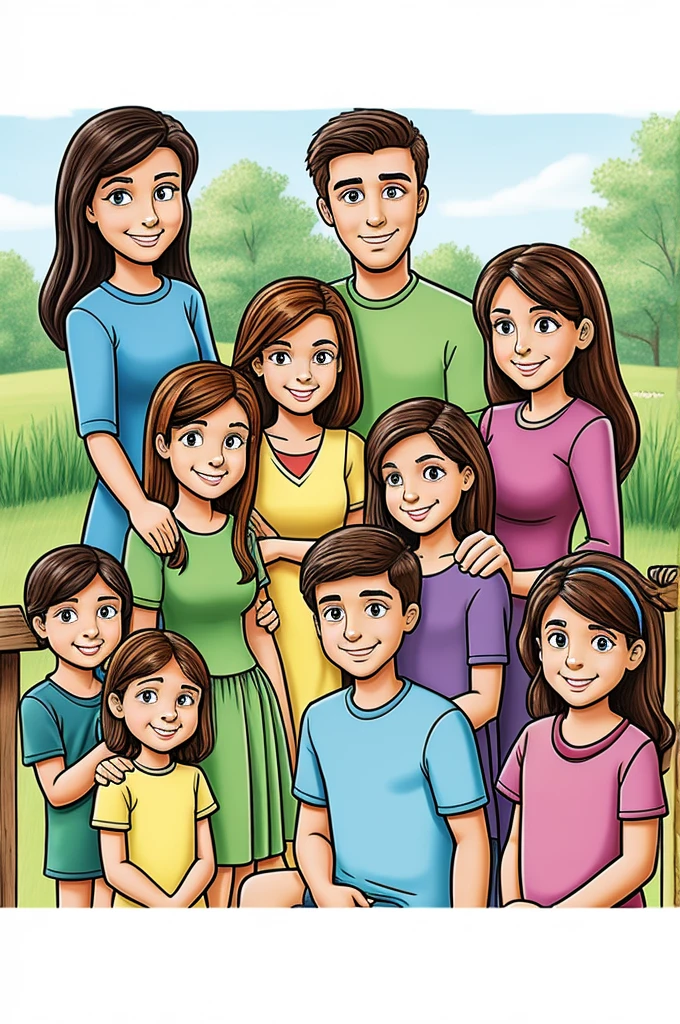 cartoonish drawing of a family with four sisters, one brother, and a mother