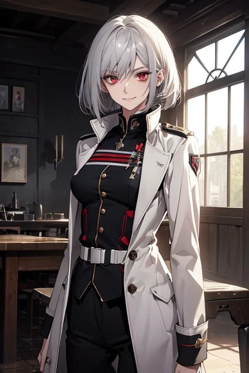 (Confused, High resolution, Very detailed), 1 female, Silver Hair,Bob Hair,Bright red eyes,White and black military uniform,24th generation,beauty,mature,thin,quiet,Calm,A small smile,A kind smile,In front of people you like,Long coat,Slender and thin,boots,skinny pants,observatory,Small breasts,