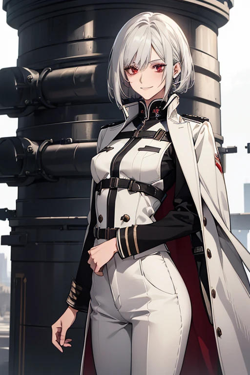 (Confused, High resolution, Very detailed), 1 female, Silver Hair,Bob Hair,Bright red eyes,White and black military uniform,24th generation,beauty,mature,thin,quiet,Calm,A small smile,A kind smile,In front of people you like,Long coat,Slender and thin,boots,skinny pants,observatory,Small breasts,