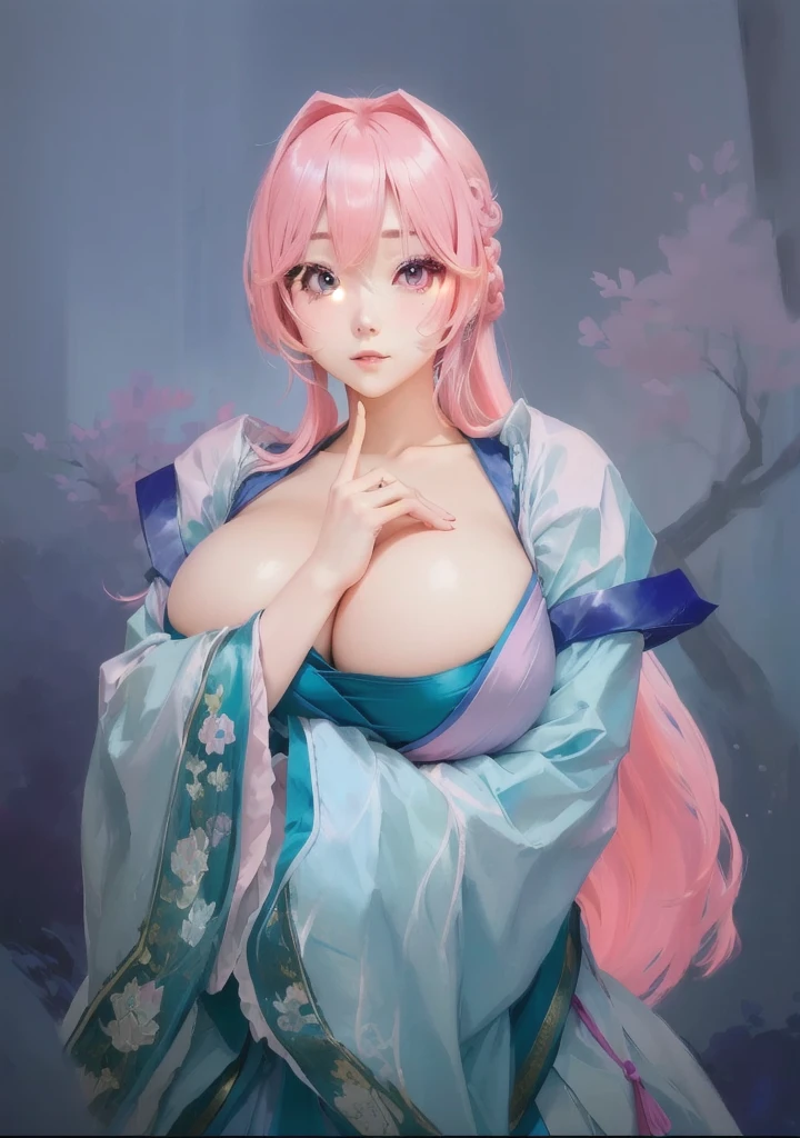 Image of a woman with pink hair and a blue dress, Attractive anime girl, OPPEIN, Real person style,Pink Eyes,Pink long hair,Hanfu,antiquity,Chinese style,,big ,huge ,sexy body,cute,Cute style,High-quality works