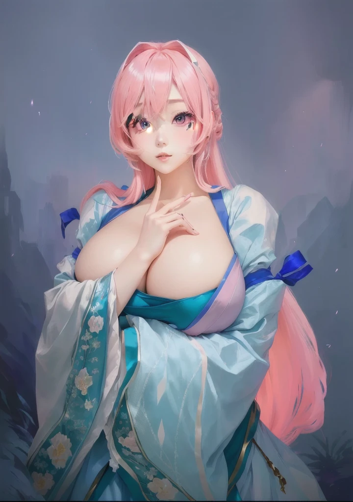 Image of a woman with pink hair and a blue dress, Attractive anime girl, OPPEIN, Real person style，Pink Eyes，Pink long hair，Hanfu，antiquity，Chinese style，，big ，huge ，sexy body，cute，Cute style，High-quality works