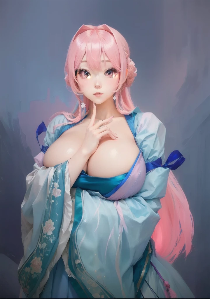 Image of a woman with pink hair and a blue dress, Attractive anime girl, OPPEIN, Real person style,Pink Eyes,Pink long hair,Hanfu,antiquity,Chinese style,,big ,huge ,sexy body,cute,Cute style,High-quality works