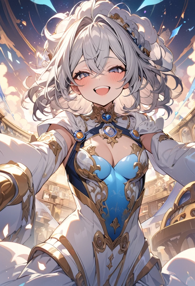 1 woman, Dreaming Background, (Highly detailed body, very detailed face, top quality:1.4), (25 year old woman), looking at viewer, A smile with visible teeth, I can't see her hands, (very long layered hair:1.2), (Her thighs are very beautiful:1.3), (8 thousand:1.5), (lovely men'Y shirt:1.3), (skin glow:1.3), (huge breasts:1.3), The Most Beautiful Women in Korea, beautiful bridge, panties,