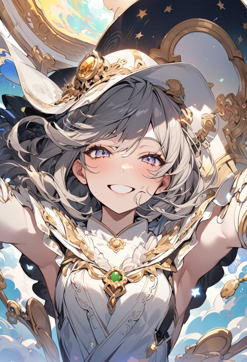 1 woman, Dreaming Background, (Highly detailed body, very detailed face, top quality:1.4), (25 year old woman), looking at viewer, A smile with visible teeth, I can't see her hands, (very long layered hair:1.2), (Her thighs are very beautiful:1.3), (8 thousand:1.5), (lovely men'Y shirt:1.3), (skin glow:1.3), (huge breasts:1.3), The Most Beautiful Women in Korea, beautiful bridge, panties,