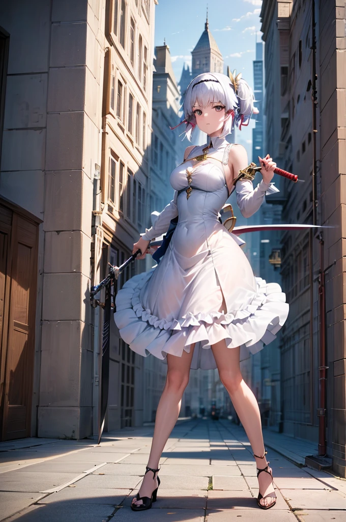 Anime girl with a sword and a dress posing in front of a building., cushart krenz art key women, trend on artstation pixiv, Best Anime 4K Konachan Wallpaper, Guweiz and Pixiv Artstation, Perfect white hair girl, Guweiz and Artstation Pixiv, Ayaka Genshin Impact, White haired deity