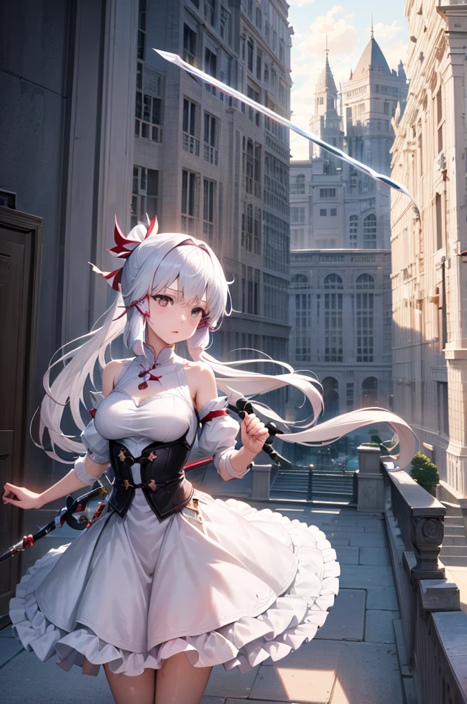 Anime girl with a sword and a dress posing in front of a building., cushart krenz art key women, trend on artstation pixiv, Best Anime 4K Konachan Wallpaper, Guweiz and Pixiv Artstation, Perfect white hair girl, Guweiz and Artstation Pixiv, Ayaka Genshin Impact, White haired deity