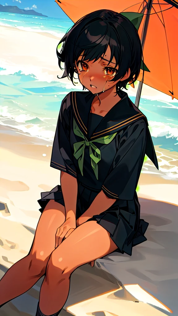 Anime Characters Tan Skin,Short black hair, Sitting on the beach at night, masterpiece, Highest quality, Detailed skin, Detailed eyes, Dark orange eyes,8k, Good shading, Detailed Background, Excellent anatomy 、Sailor suit with green ribbon、Black sailor suit collar、Black pleated skirt、Are crying, 