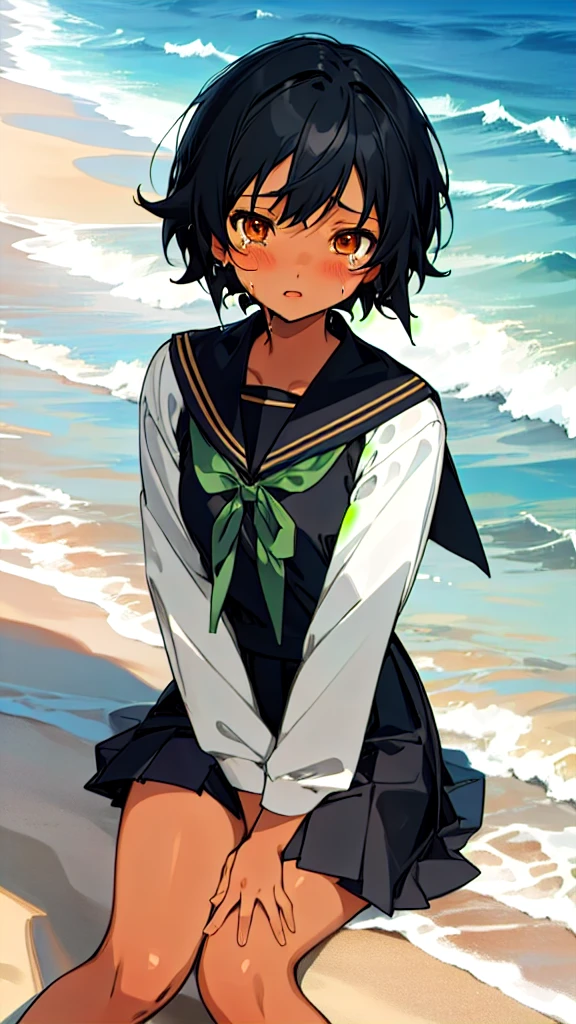 Anime Characters Tan Skin,Short black hair, Sitting on the beach at night, masterpiece, Highest quality, Detailed skin, Detailed eyes, Dark orange eyes,8k, Good shading, Detailed Background, Excellent ??????? 、Sailor suit with green ribbon、Black sailor suit collar、Black pleated skirt、Are crying, 