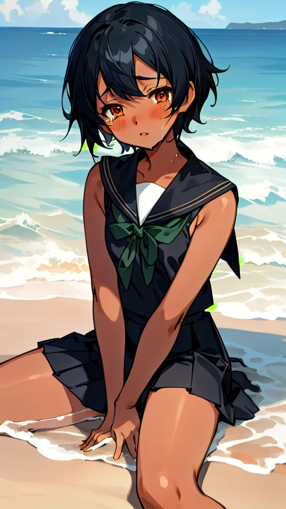Anime Characters Tan Skin,Short black hair, Sitting on the beach at night, masterpiece, Highest quality, Detailed skin, Detailed eyes, Dark orange eyes,8k, Good shading, Detailed Background, Excellent anatomy 、Sailor suit with green ribbon、Black sailor suit collar、Black pleated skirt、Are crying,