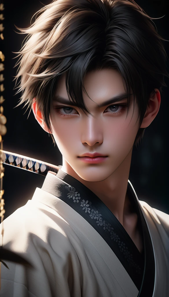 Meticulous, analog style, focus on the eyes, highest quality, (highly detailed skin), photo of very handsome pale skin Japane donghua boy, 21 years old, (wearing katana), perfect face, pore skin, (penetration:0.5), black background, (bokeh:0.6), sharp focus, grainy lighting, (backlight:0.7), film grain, photographed with Sony A7R IV camera, 18mm F/1.7 cine lens, (highly detailed, intricate detail), 8k, HDR, front view, (upper body: 0.9)