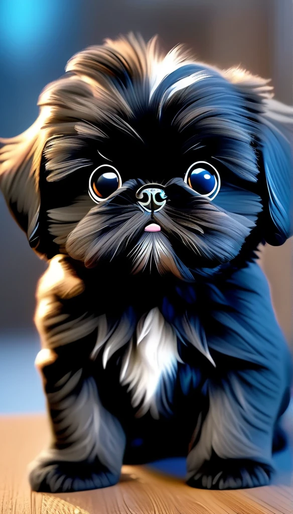 Adorable small black shih tzu puppy best quality,4k,8k,highres,masterpiece:1.2),ultra-detailed,(realistic,photorealistic,photo-realistic:1.37),vibrant colors,soft lighting,romantic atmosphere,cute expression,natural poses