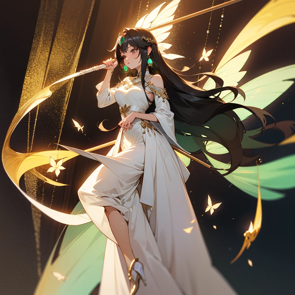 High resolution、sexy、Pure and mature goddess。Emerald、goddess of jewels。Wearing a white long dress skirt。hair and、Her dress is fluttering。Her hair is long down to her waist。Carrying a large jeweled walking stick。
Fantasy、beautiful