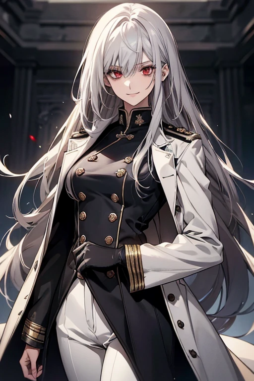 (Confused, High resolution, Very detailed), 1 female, Silver Hair,Long Hair,Bright red eyes,White and black military uniform,24th generation,beauty,mature,thin,quiet,Calm,A small smile,A kind smile,In front of people you like,Long coat,Slender and thin,boots,skinny pants,observatory,Small breasts,