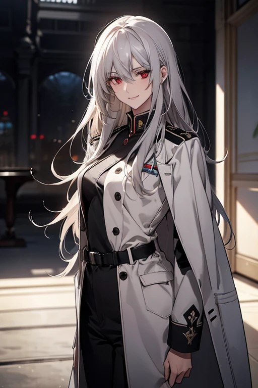 (Confused, High resolution, Very detailed), 1 female, Silver Hair,Long Hair,Bright red eyes,White and black military uniform,24th generation,beauty,mature,thin,quiet,Calm,A small smile,A kind smile,In front of people you like,Long coat,Slender and thin,boots,skinny pants,observatory,Small breasts,
