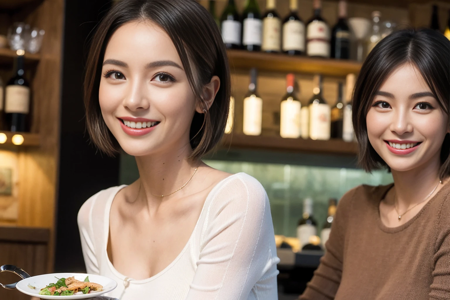 (Realistic:1.1),(masterpiece,Highest quality),8k,(40 years old), 42 years old, slimカップル、Model Couple、actress/actor、Tight waist,Upper Body,full-course dinner、wine 、Amazing view of the sunset sky and clouds、Perfect Anatomy, Brown Hair, short hair,Random Hairstyles,((Highly detailed face and eyes:1.2))(cute顔:1.4),美しいactressの顔,Perfect golden ratio face,Long sleeve shirt、dress,(smile:1.2)、Shortcuts、cute、(Realistic, Intricate details:1.2), A bright smile、short hair,Bright Face、赤wine 、Appetizers、Italian food、wine bottle、Champagne、スパークリングwine、(slimな顔), (The body is slim), (Brown Hair), (Shortcuts), Upper Body, 白wine, slim, wineグラス,