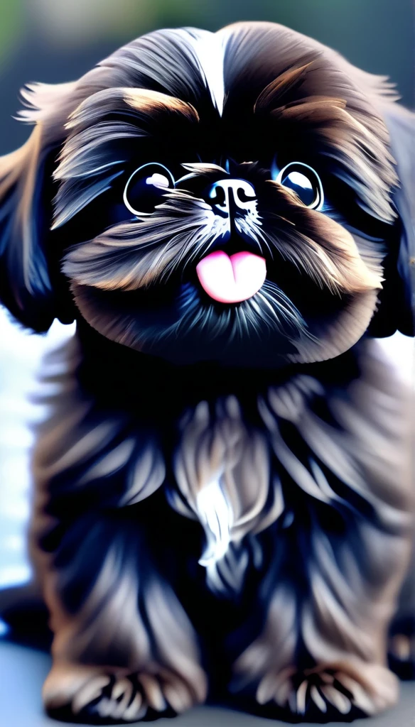 Adorable small black shih tzu puppy best quality,4k,8k,highres,masterpiece:1.2),ultra-detailed,(realistic,photorealistic,photo-realistic:1.37),vibrant colors,soft lighting,romantic atmosphere,cute expression,natural poses