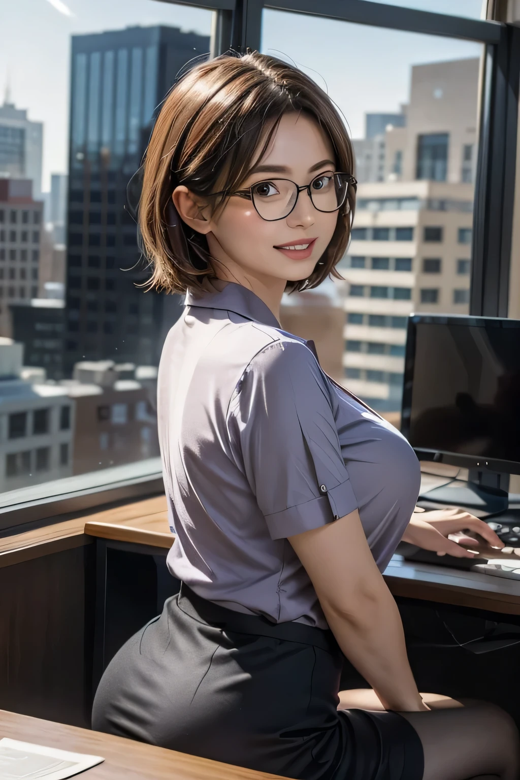(masterpiece:1.2, Highest quality), (Realistic, photoRealistic:1.4), 1girl,short hair,Glasses,Shiny purple satin blouse,Black tight skirt,stockings,(Strap ID Card),50 years old,赤いルージュのPlumpとした唇,Round face,Plump,(eye contact),Office in a high rise building,(I sat at my computer desk and turned around.),sunset,A capable female secretary giving advice