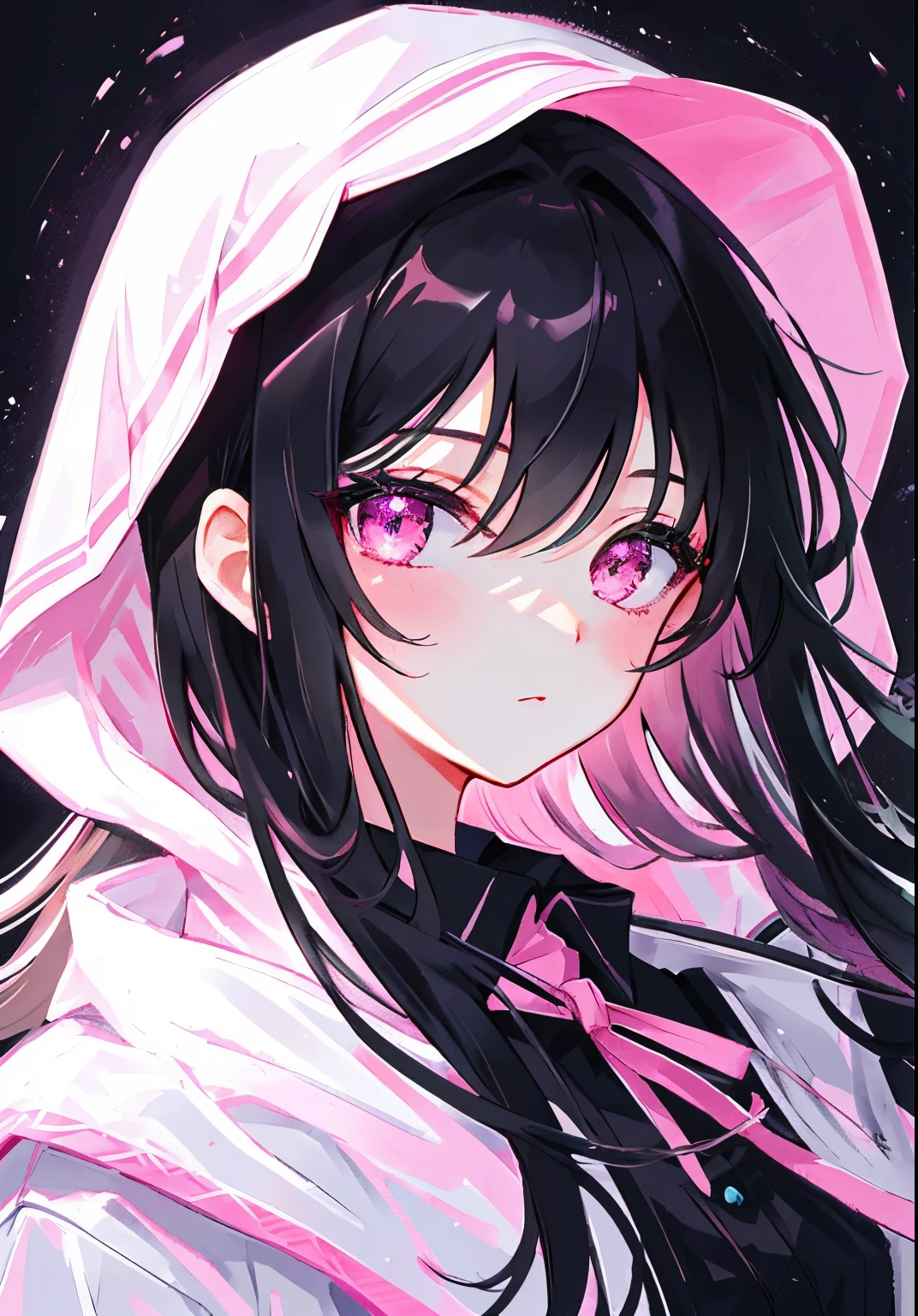 Masterpiece, Best quality, Ultra-detailed, illustration, Portrait, 1girll, black_Hair, Pink eyes, Long hair, ,