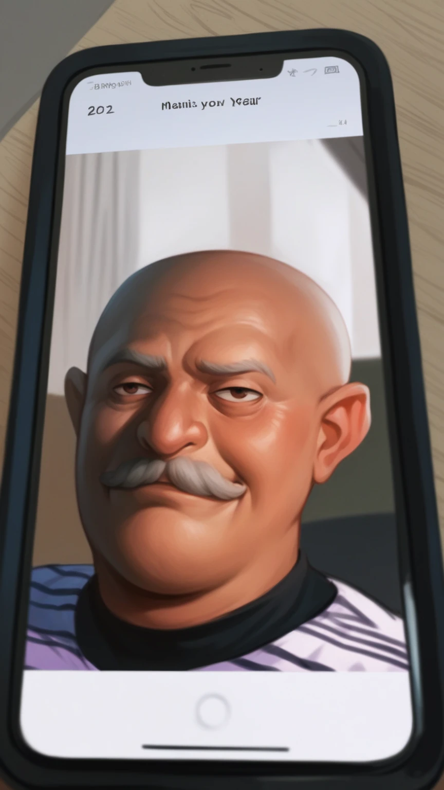 3d pixar drawing, 70 year old man , brown skinned, bald with only hair on the sides of the head , with gray hair and a smiling gray mustache and a purple shirt