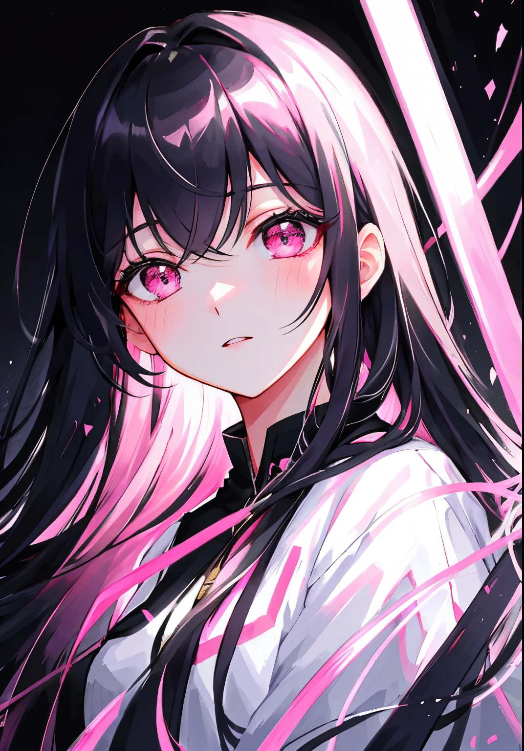 Masterpiece, Best quality, Ultra-detailed, illustration, Portrait, 1girll, black_Hair, Pink eyes, Long hair, ,