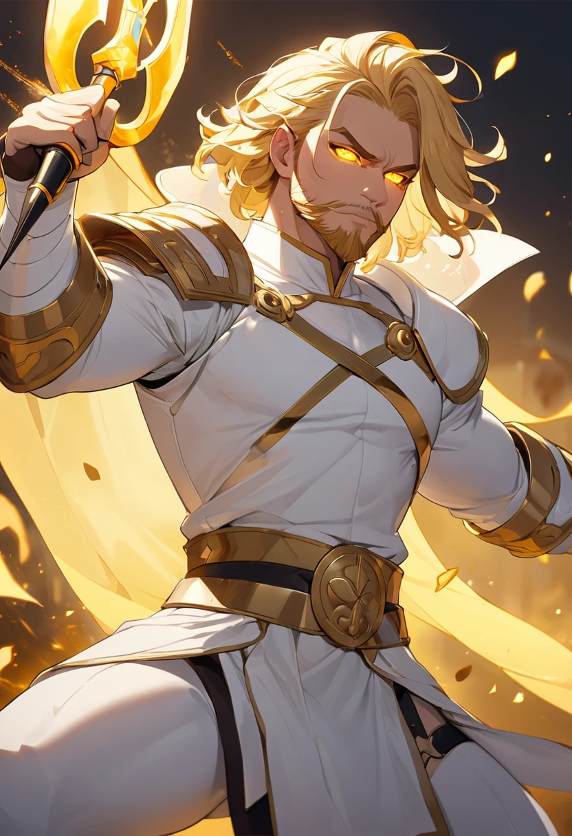 naughty man, warrior, Mediovale, wearing thick white clothes, blondie hair, shorth hair, Glowing gold Eyes, sem beard