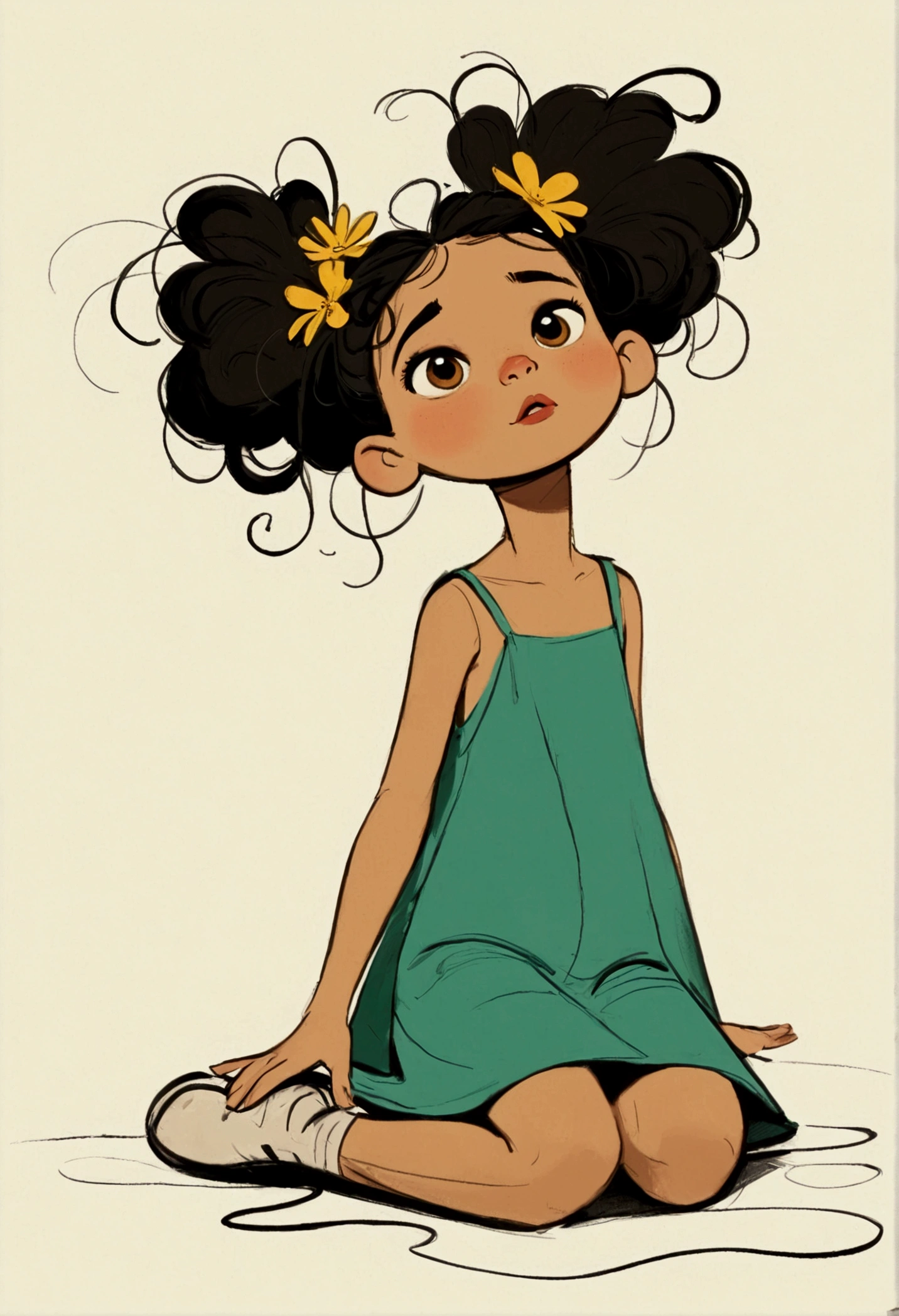 (((Exaggerated digital character sketches:1.37))).(On the ground sat a little girl,To area white,(Exaggerated expression,Exaggerated hairstyle),Messy hair),(Black sketch lines,Loose brushstrokes create the outline,Cartoon Style. Bright colors and simplified lines, sketch)。(Exaggerated body movements,Floral slip dress),(Large area of blank)