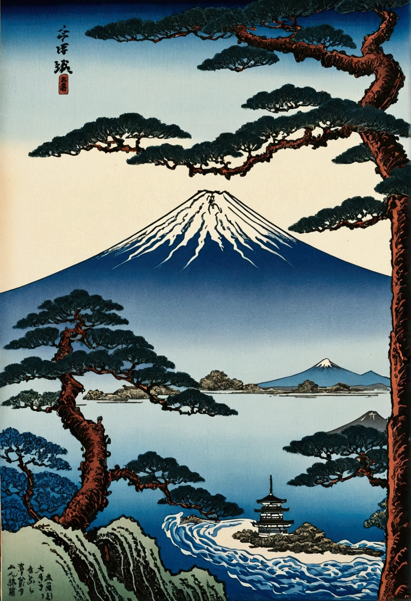 Ukiyo-e,Katsushika Hokusai,bonsai,Mount Fuji in the background