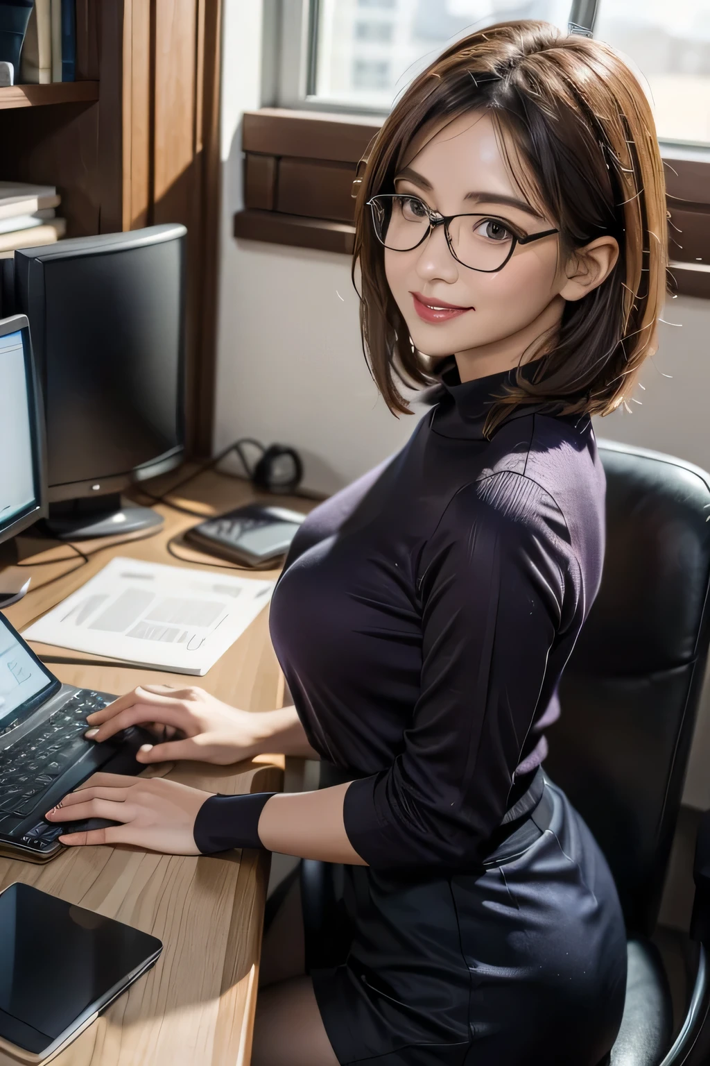 (masterpiece:1.2, Highest quality), (Realistic, photoRealistic:1.4), 1girl,short hair,Glasses,Shiny purple satin blouse,Black tight skirt,stockings,(Strap ID Card),50 years old,赤いルージュのPlumpとした唇,Round face,Plump,(eye contact),Office in a high rise building,(I sat at my computer desk and turned around.),sunset,A capable female secretary giving advice