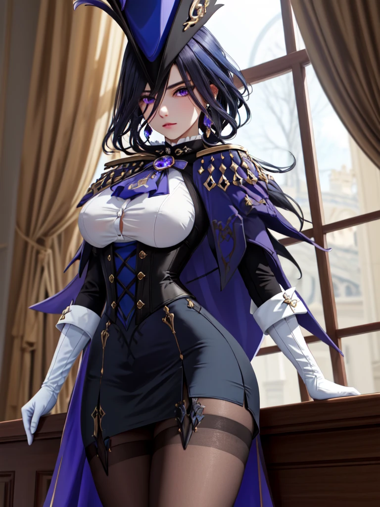 masterpiece, best quality, highly detailed, 1girl, solo, giclorinde, purple eyes, large breasts, hair between eyes, long hair, dark blue hair, earrings, black skirt, miniskirt, pantyhose, purple ascot, purple capelet, black corset, black pantyhose, black skirt, white gloves, hat, tricorne,