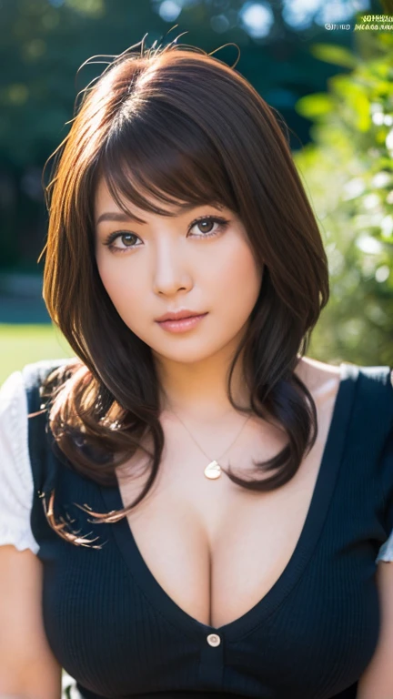 (((8k、High resolution、Highest quality、High resolution)))alone、Natural body shape、White skin、Natural Makeup、Black Hair、bangs、 Long Hair、(Big Breasts),Looking into the camera、Outdoor,(Business look), ((teacher)), White ribbed short sleeve V-neck, Formal blue tight skirt,mini skirt , necklace、((Full body photo))