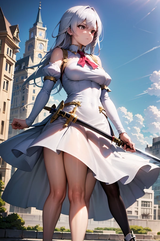 Anime girl with a sword and a dress posing in front of a building., a character portrait of Shitao, trend on pixiv, arabesque, cushart krenz art key women, trend on artstation pixiv, Best Anime 4K Konachan Wallpaper, Guweiz and Pixiv Artstation, Perfect white hair girl