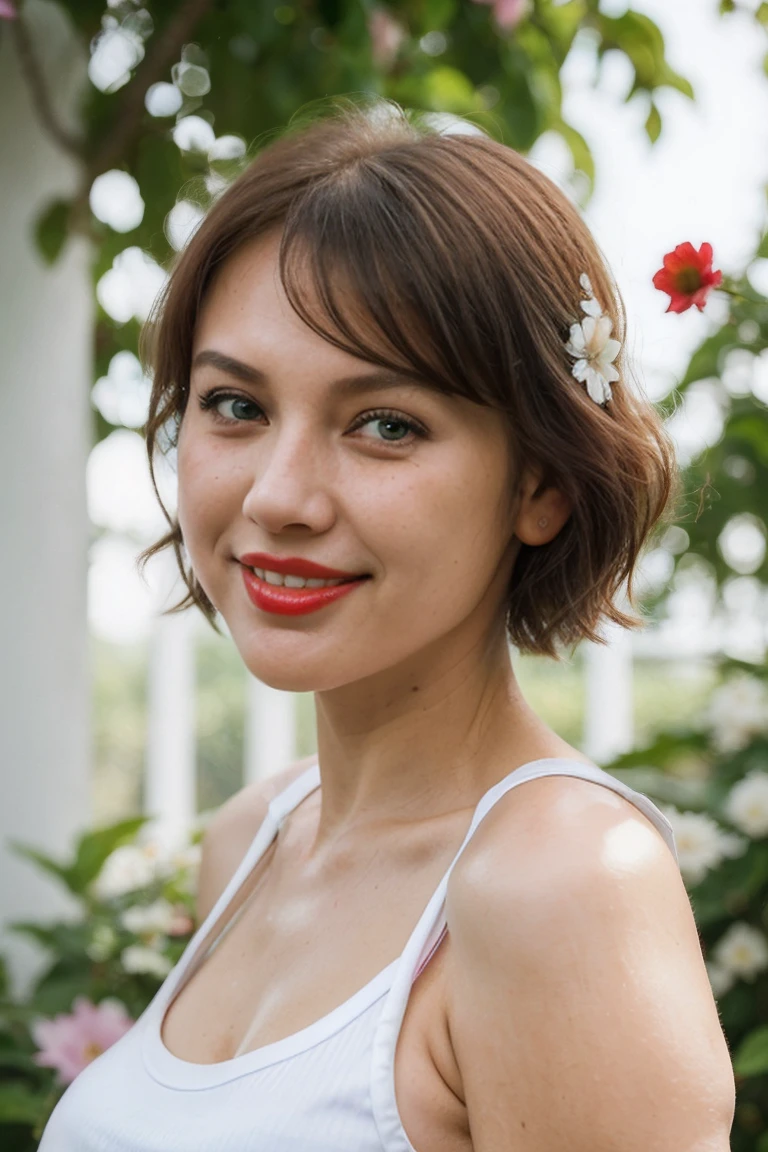 ((Closeup of sexy muse girl in front of Guangdong flower garden, wear new white women's sleeveless t-shirt)),details of her face and skin, sharp focus on her face, perfect lighting on her face, short hair, bangs, (High nose)), (red lips, white teeth), ((small breats)), (blue eyes:1,6), ((dimpled smile:1,6 )),((sharp focus on her face)), Looking at the audience