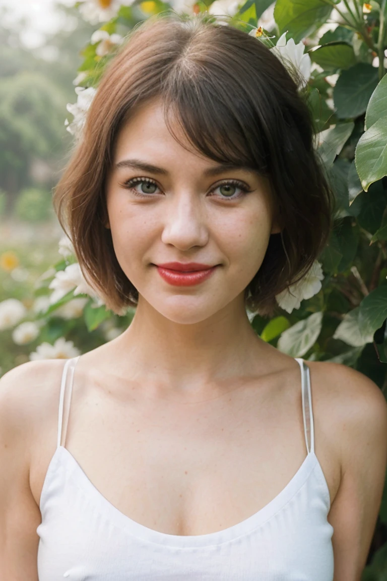 ((Closeup of sexy muse girl in front of Guangdong flower garden, wear new white women's sleeveless t-shirt)),details of her face and skin, sharp focus on her face, perfect lighting on her face, short hair, bangs, (High nose)), (red lips, white teeth), ((small breats)), (blue eyes:1,6), ((dimpled smile:1,6 )),((sharp focus on her face)), Looking at the audience