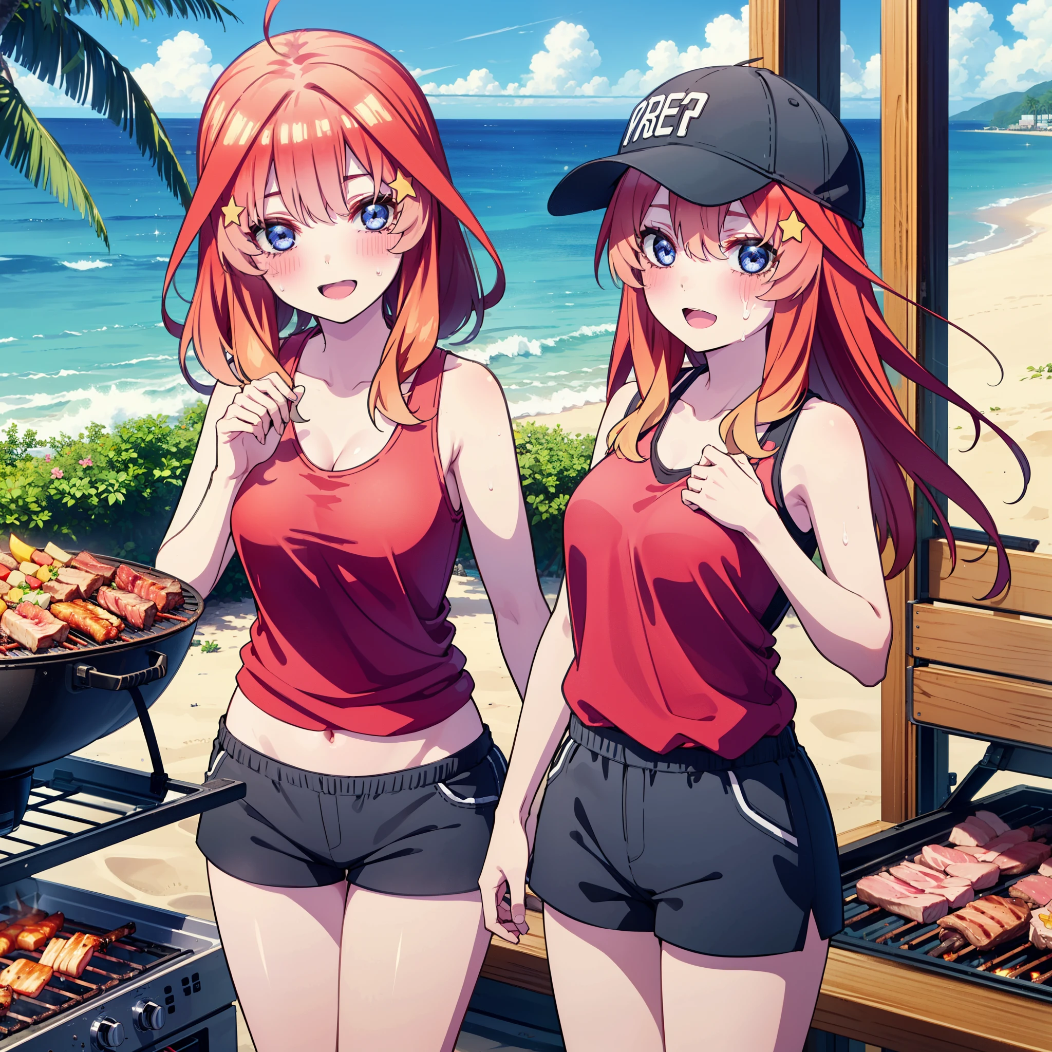 itsukinakano, Itsuki Nakano, bangs, blue eyes, Hair between the eyes, Ahoge, Redhead, star \(symbol\), hair ornaments, star hair ornaments,Baseball hats,happy smile, smile, Open your mouth,Red Tank Top,Belly button,Shorts,barefoot,Sweat,Beach,barbecue,cooking,Grilled meat,barbecue,Grilling meat,eating meat,Grilled meat,Palm tree,True Summer,Daytime,Clear skies,
break indoors, Beach,Sandy Beach,
break looking at viewer, (Cowboy Shot:1.5),
break (masterpiece:1.2), Highest quality, High resolution, unity 8k wallpaper, (figure:0.8), (Beautiful attention to detail:1.6), Highly detailed face, Perfect lighting, Highly detailed CG, (Perfect hands, Perfect Anatomy),