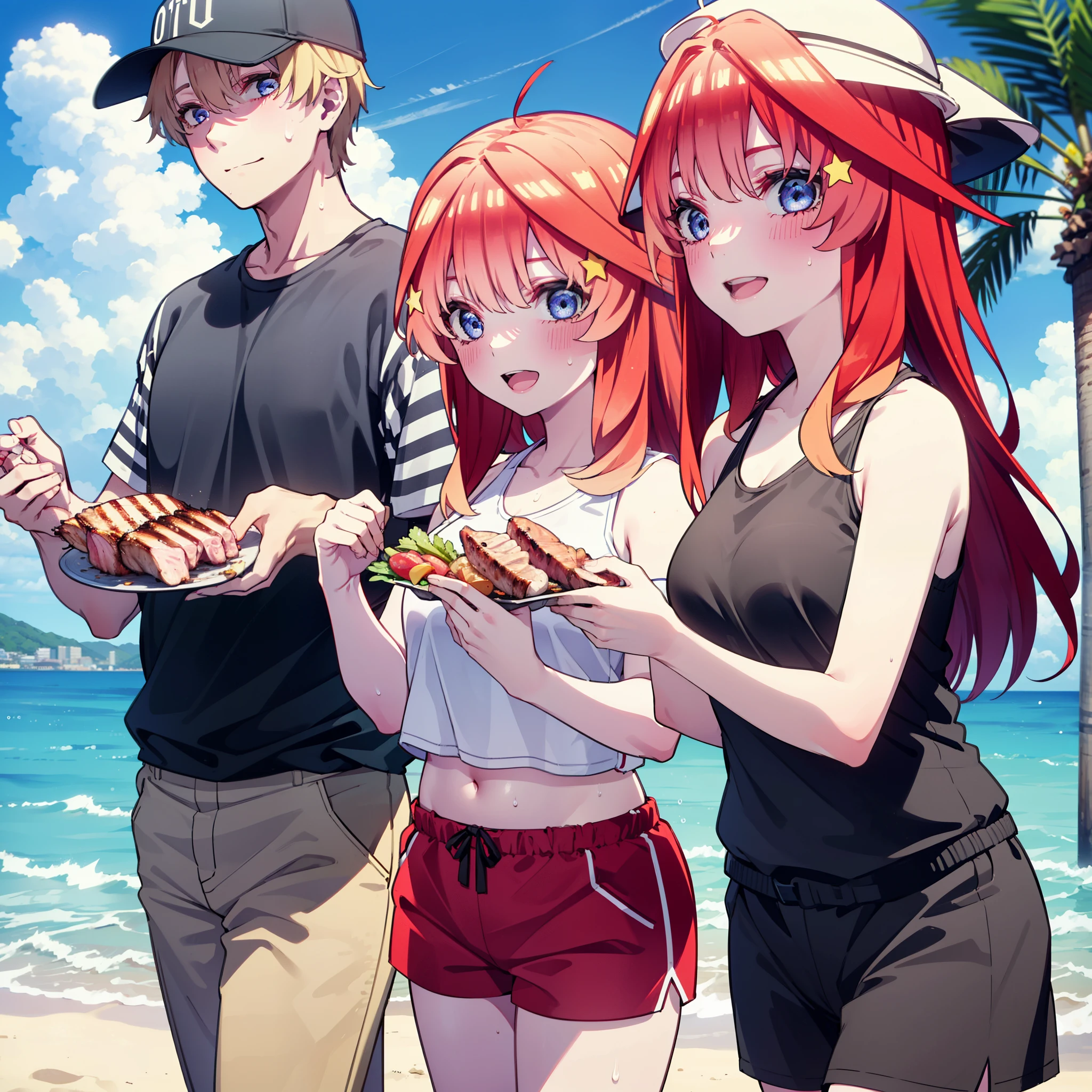 itsukinakano, Itsuki Nakano, bangs, blue eyes, Hair between the eyes, Ahoge, Redhead, star \(symbol\), hair ornaments, star hair ornaments,Baseball hats,happy smile, smile, Open your mouth,Red Tank Top,Belly button,Shorts,barefoot,Sweat,Beach,barbecue,cooking,Grilled meat,barbecue,Grilling meat,eating meat,Grilled meat,Palm tree,True Summer,Daytime,Clear skies,
break indoors, Beach,Sandy Beach,
break looking at viewer, (Cowboy Shot:1.5),
break (masterpiece:1.2), Highest quality, High resolution, unity 8k wallpaper, (figure:0.8), (Beautiful attention to detail:1.6), Highly detailed face, Perfect lighting, Highly detailed CG, (Perfect hands, Perfect Anatomy),