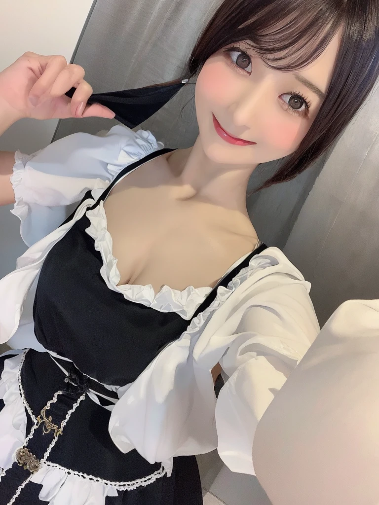 Highest quality、masterpiece、8k、Very detailed、Realistic、Looking at me with a smile、whole body、Black Hair、Short Hair、Small face、Slender、Big Breasts、Thin and beautiful legs、narrow and constricted waist,、Victorian maid clothes