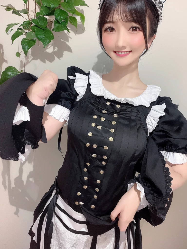 Highest quality、masterpiece、8k、Very detailed、Realistic、Looking at me with a smile、whole body、Black Hair、Short Hair、Small face、Slender、Big Breasts、Thin and beautiful legs、narrow and constricted waist,、Victorian maid clothes