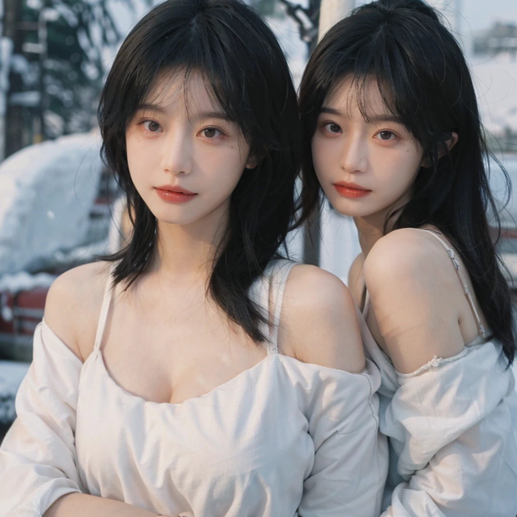 Portrait photography,1 girl,Snow Scene,Snowing background,Push-up non-slip tube top ,(whole body:1.4),Lipstick,(Big Breasts:1.4),Headband,serene,calm,(Realistic and detailed eyes,Natural skin texture,Realistic facial details),