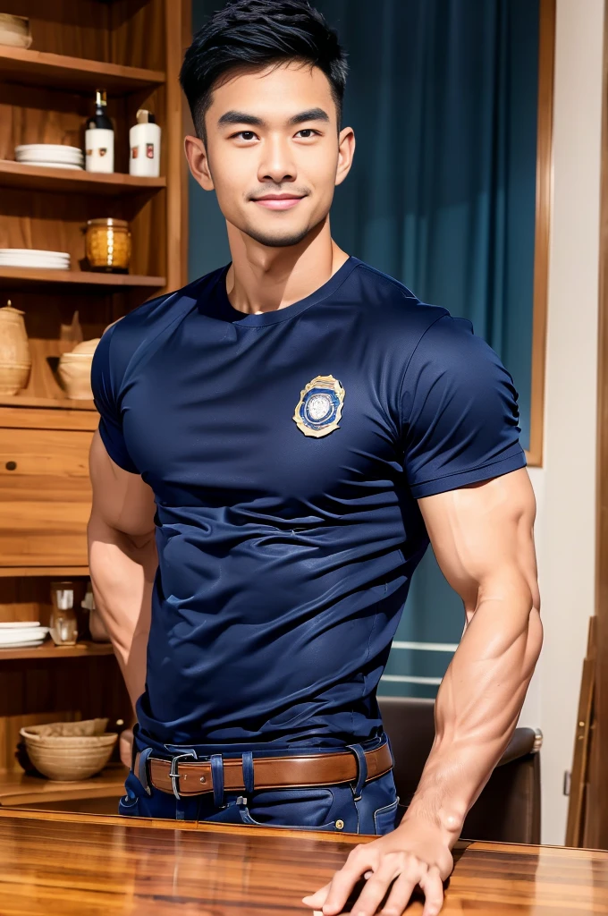 (Create a masterpiece:1.2),(CGI art:1.3),(realistic:1.5),(After processing:1.3),(Sharp focus:1.3),1 man ,(black hair) ,smile,(Wear color navy round neck T-shirt), (with a Police badge:1.1),Navy blue jeans,Korean guy,korean men,(High gloss details),chest muscles,large arm muscles,blood vessel,Big muscles,Broad shoulders,looking at the audience,Balancing the eyes,(Lind has a dining table:1.3),