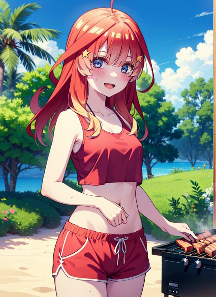 itsukinakano, Itsuki Nakano, bangs, blue eyes, Hair between the eyes, Ahoge, Redhead, star \(symbol\), hair ornaments, star hair ornaments,Baseball hats,happy smile, smile, Open your mouth,Red Tank Top,Belly button,Shorts,barefoot,Sweat,Beach,barbecue,cooking,Grilled meat,barbecue,Grilling meat,eating meat,Grilled meat,Palm tree,True Summer,Daytime,Clear skies,
break indoors, Beach,Sandy Beach,
break looking at viewer, (Cowboy Shot:1.5),
break (masterpiece:1.2), Highest quality, High resolution, unity 8k wallpaper, (figure:0.8), (Beautiful attention to detail:1.6), Highly detailed face, Perfect lighting, Highly detailed CG, (Perfect hands, Perfect Anatomy),