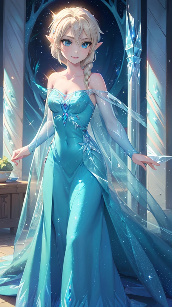 ((work of art)), (best quality), ((1 male)),((link from loz wearing a teal dress from elsa of arendelle, realistix long dress, collarbone, cleavage, sparkly ice particles in the front part of the dress)), gazing at viewer,( Short blonde hair, blue eyes), happy, smile,  
