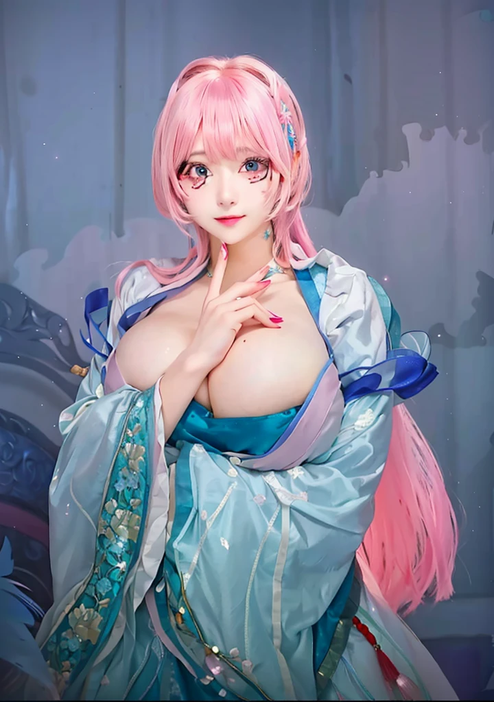 Image of a woman with pink hair and a blue dress, Attractive anime girl, OPPEIN, Real person style,Pink Eyes,Pink long hair,Hanfu,antiquity,Chinese style,,big ,huge ,sexy body,cute,Cute style,High-quality works