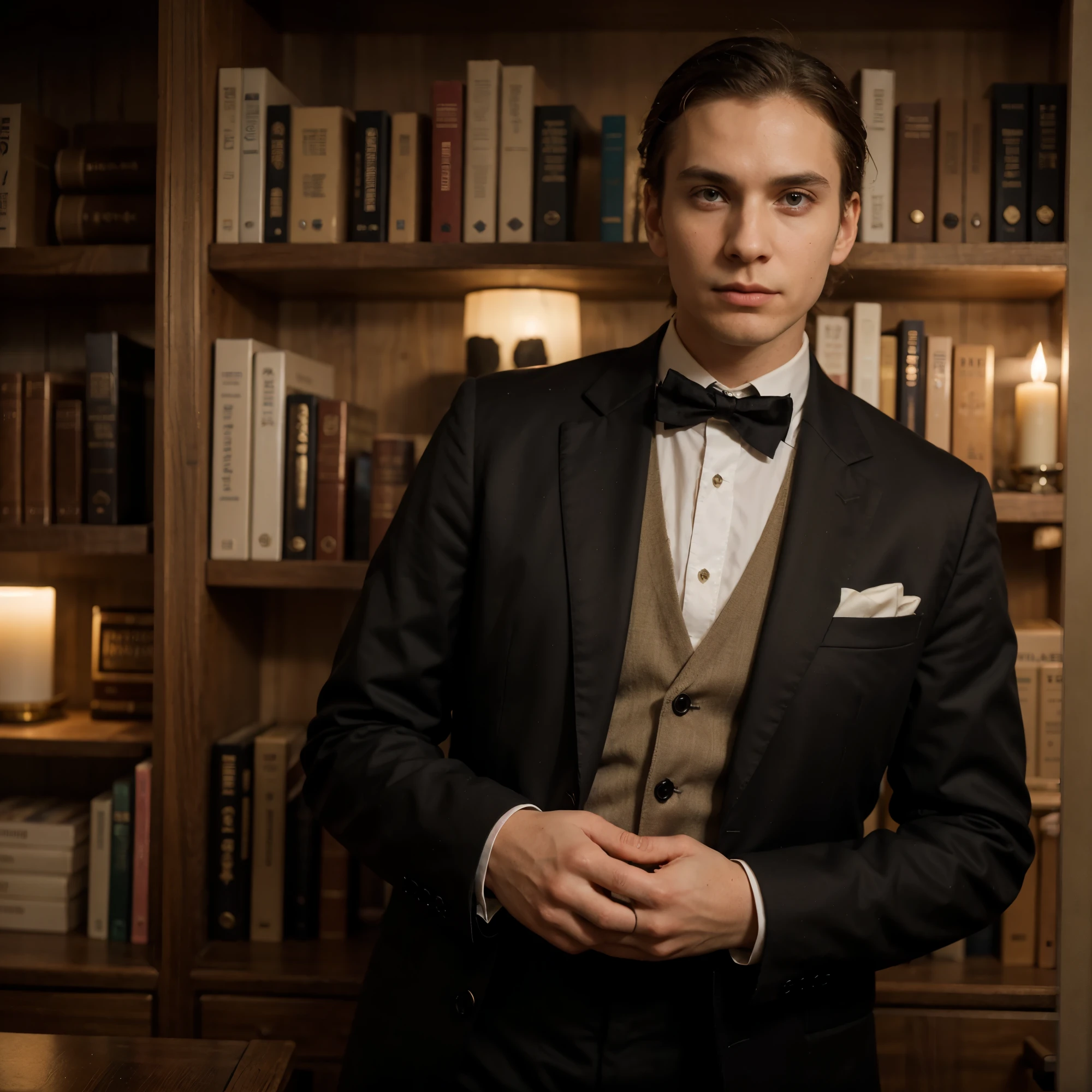 supernatural entity with an almost human appearance, similar to Voldemort. He has pale skin and no common facial features., with a smooth face and piercing eyes. Wear a modern suit with a vintage touch, including a vest and a bow tie, and wears a monocle and a pocket watch. Your posture is imposing and elegant, but with a dark and threatening aura. The setting is a modern and lugubrious library, illuminated by soft lights that create deep shadows. The wooden shelves are full of old books and curiosities, and there are elements like globes, maps and candles. The color palette should be dark and rich, with deep brown tones, black and gold, accentuating the atmosphere of mystery and sophistication.