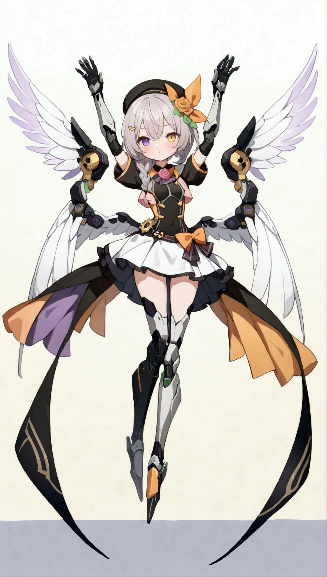 woman 165cm tall, slim build, , charming look, ((heterocromia: look like, derecho naranja y look like izquierdo violeta)), (Shoulder Length Wavy Gray Hair, a short braid on the left side of the hair, big open bangs, golden gear hairpin in hair), (((complex mechanical legs up to the hip, The legs are black with gray parts with small pink details))), (((complex mechanical arms up to the elbows, The arms are black with gray parts with small pink details))), (complex white mechanical angel wings with pastel green parts), (elegant black French beret with an orange rose ribbon), (elegant thigh-length one-piece dress, short bell skirt with small gear details, short sleeves, elegant black hip belt with orange parts, small rose brooch in the middle of the bust, beautiful mechanical stiletto heels), (((character design sheet: Front view))), (((Whole body))), extremely detailed beautiful hair, beautiful detailed dress, extremely detailed arms, extremely detailed face, (Extremely detailed hands), perfect hands, small face, hermosos look likes detallados, beautiful detailed lips, adorable, extremely detailed legs, (Best Quality, 8k, ultra resolution), ultra detailed, Exquisite and epic character art, ((Pastel yellow background)), (Focus on symmetry), (extremely detailed wings).